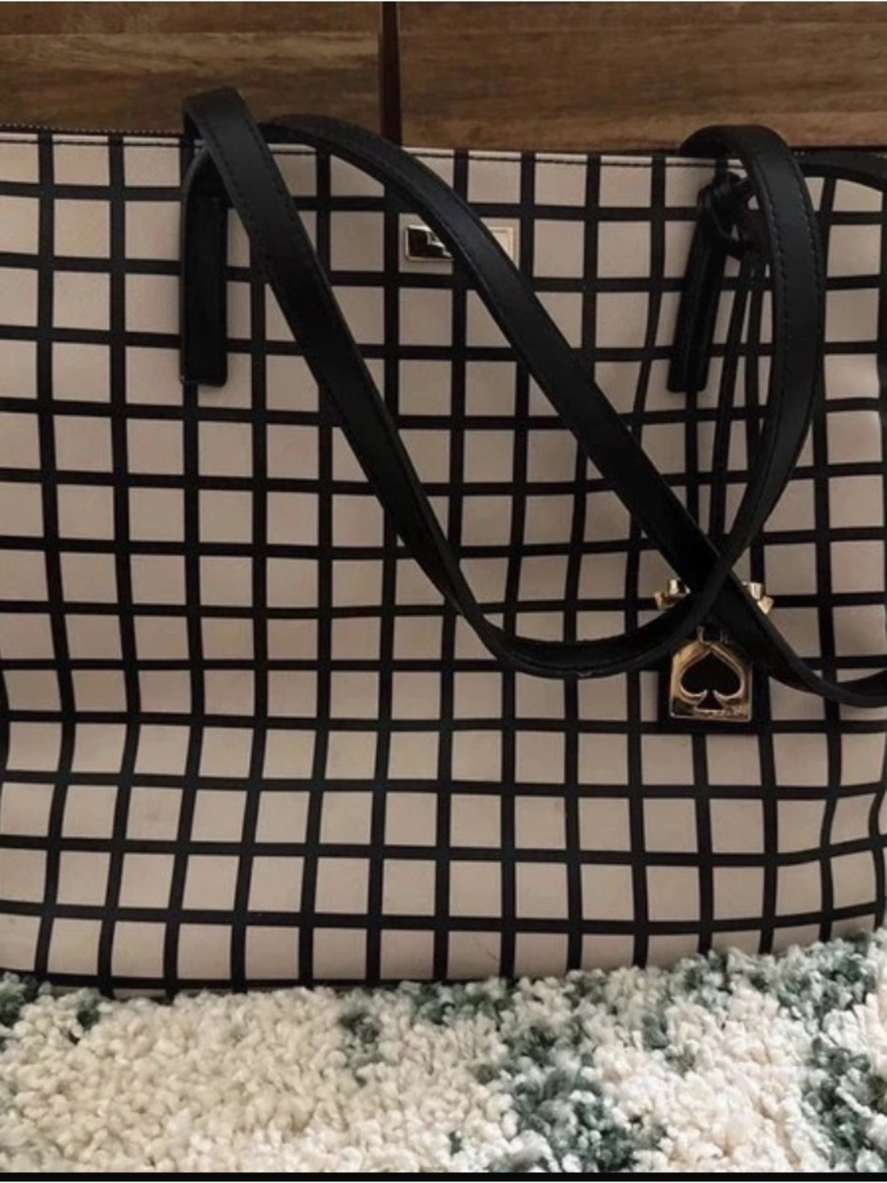kate spade Black and Cream Grid Tote with Gold Spade Charm